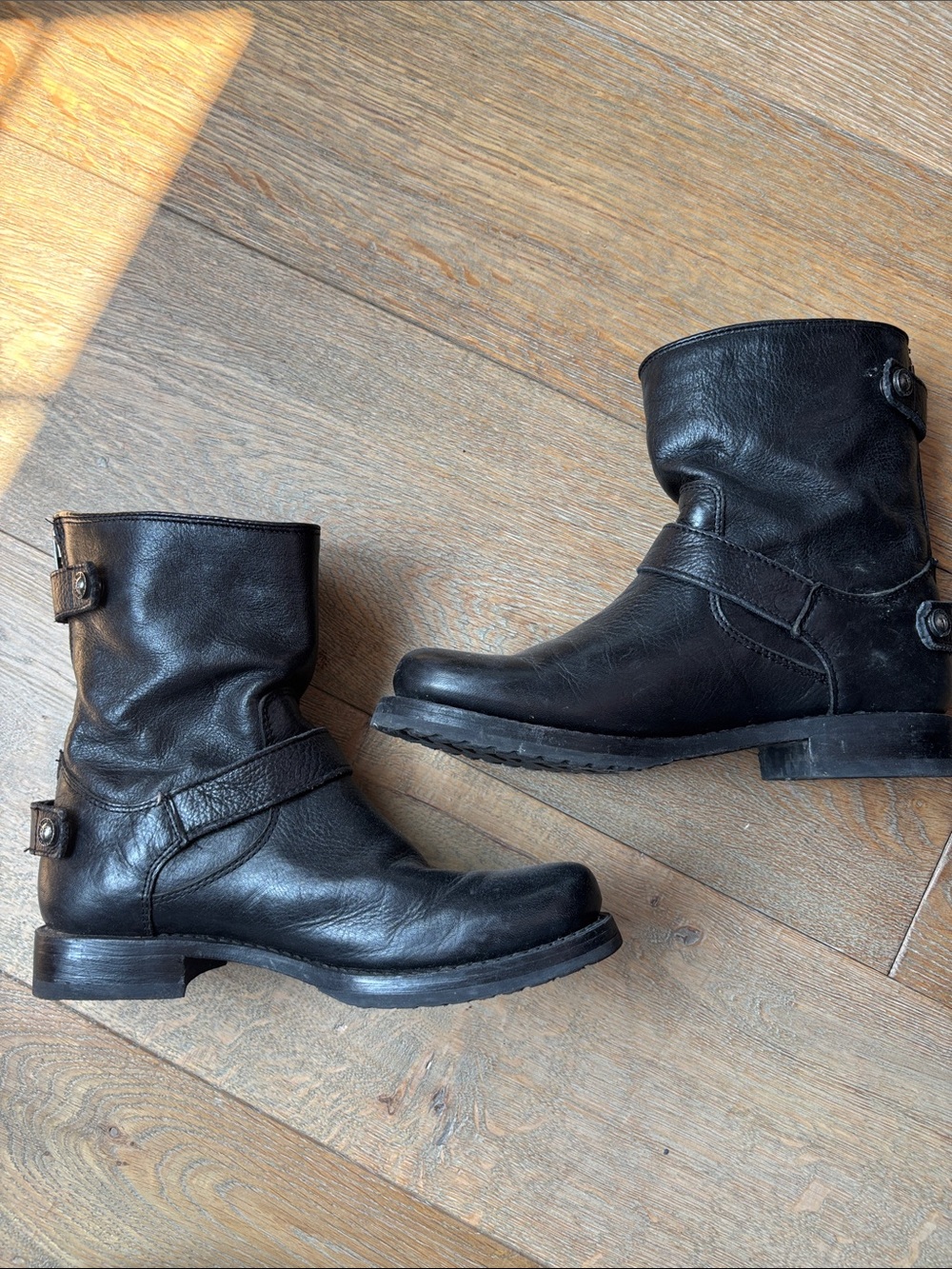 Frye Black Leather Short Harness Boots